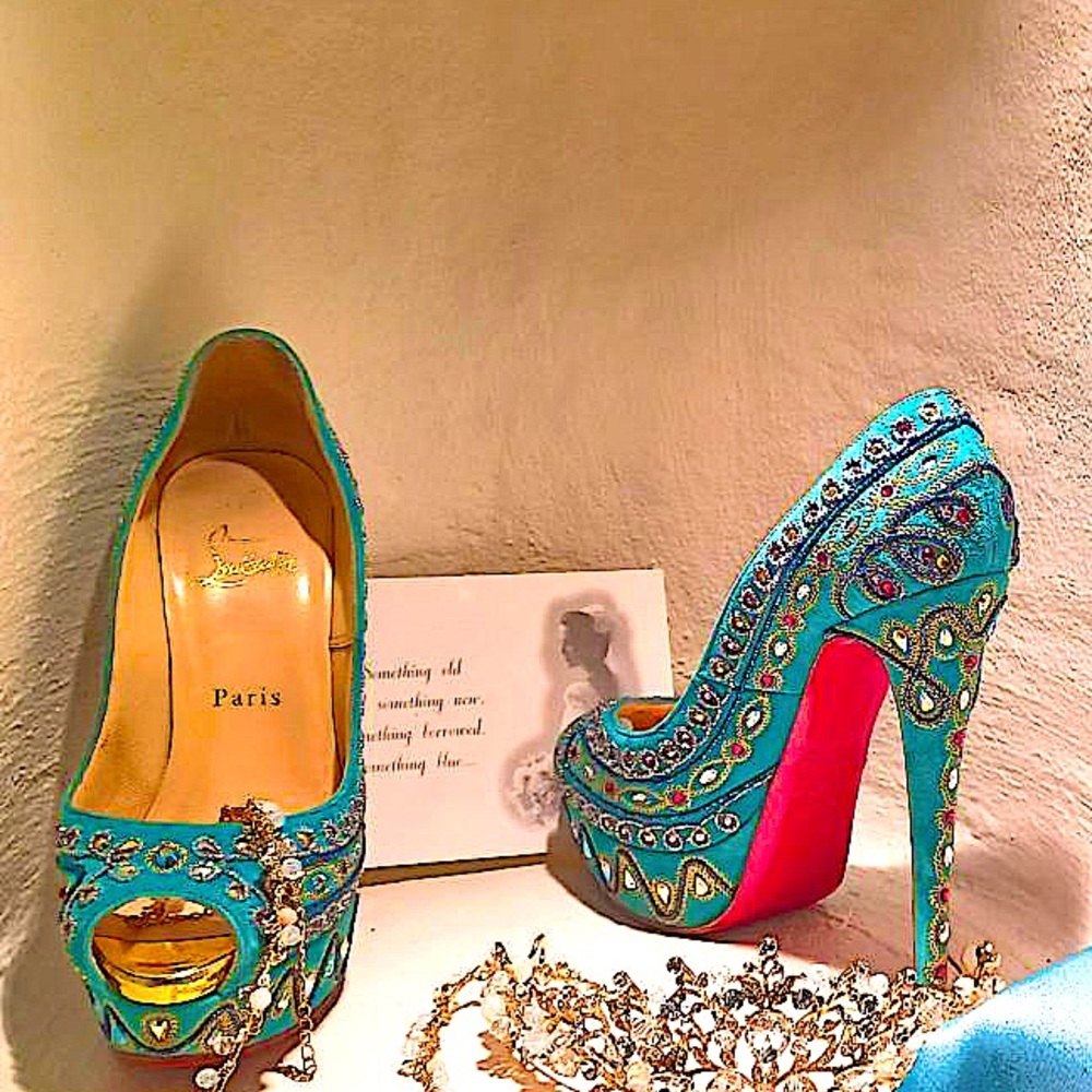 Christian Louboutin Turquoise suede pump w/ metallic embroidery 
Retails $1995